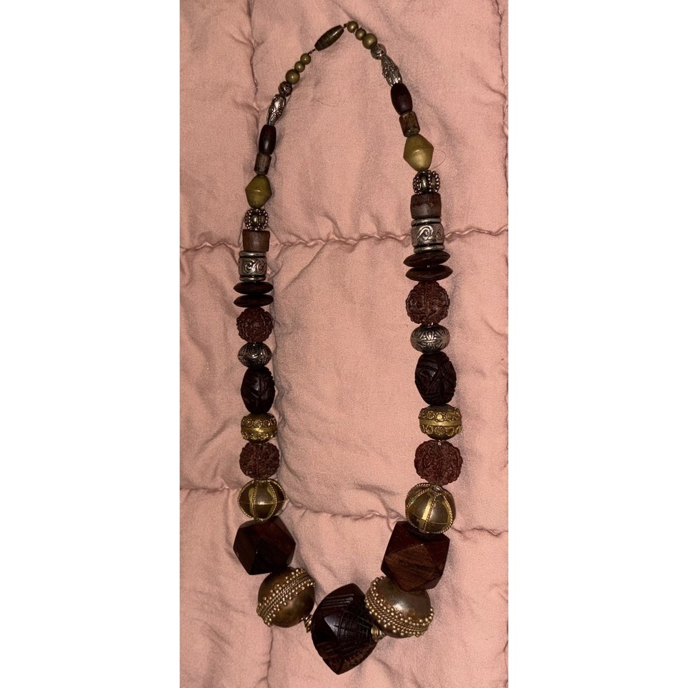 Vtg Boho Wood Mixed Metal Chunky Necklace Statement Piece Neutral Tones